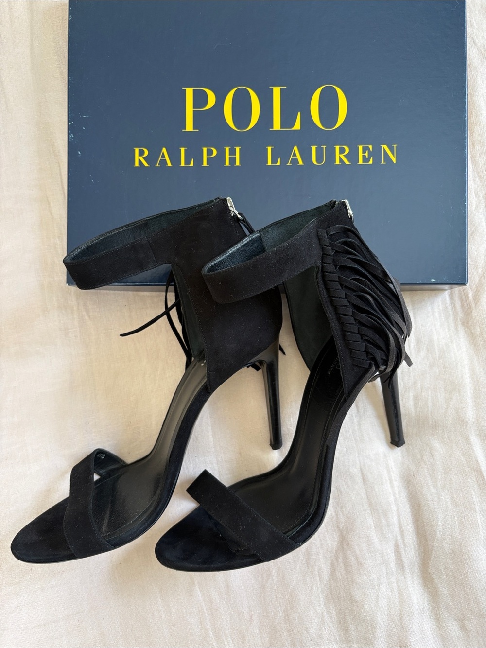 Polo by Ralph Lauren Black KidSuede Fringe Ankle-Strap Stilettos